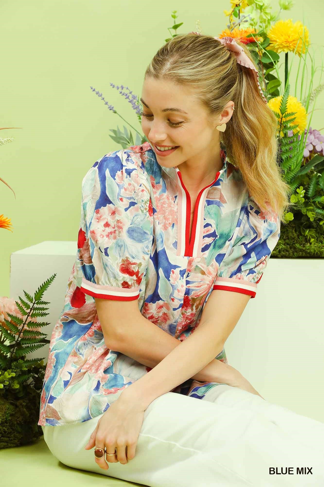 Bloomscape Jacquard Split Neck Blouse -