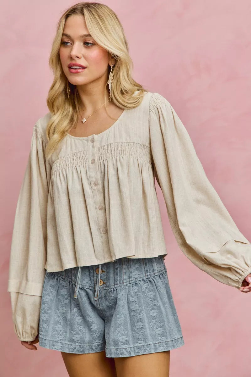 Linen Blend Smocked Sleeve Blouse -