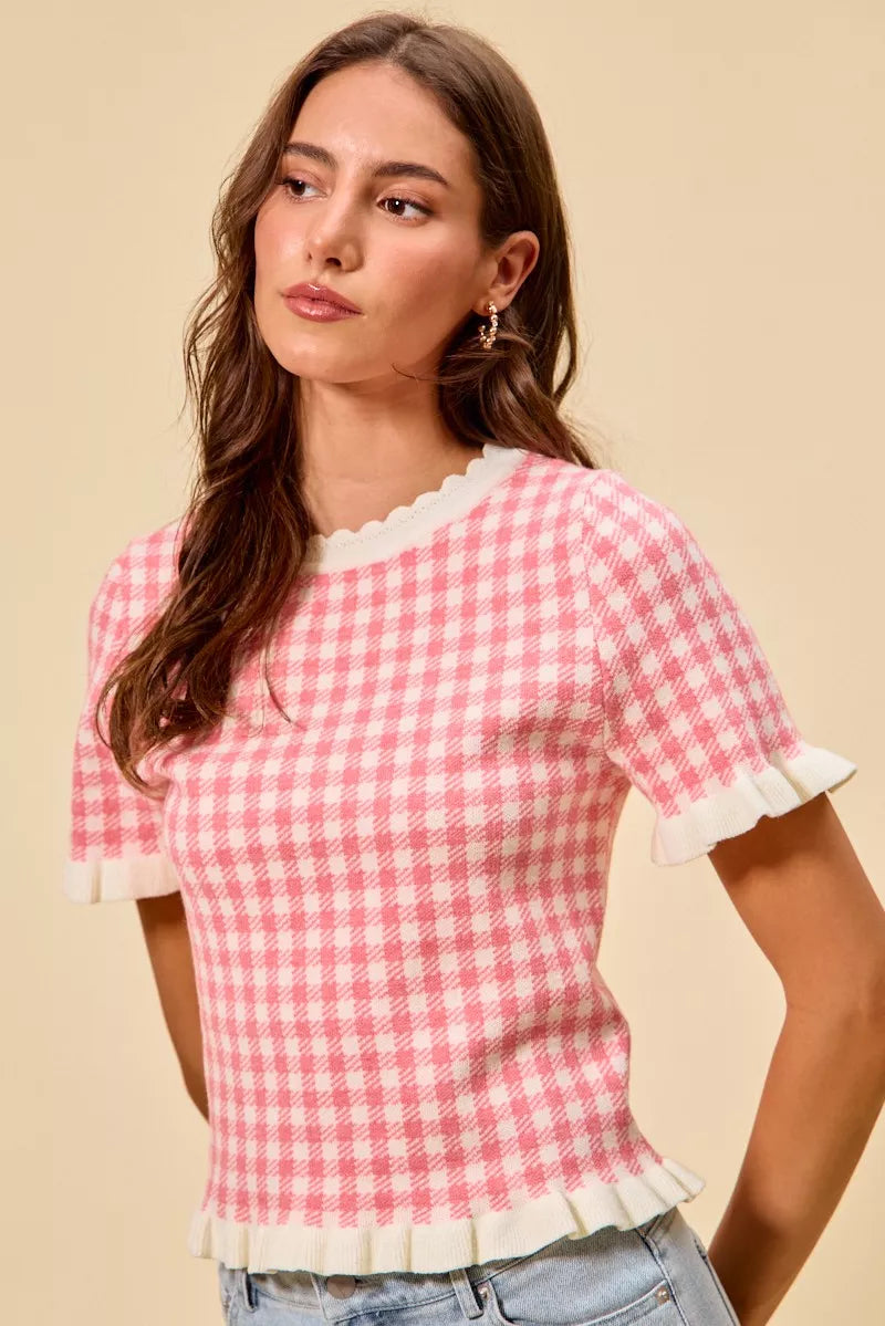 Gingham Ruffle Knit Sweater Top -