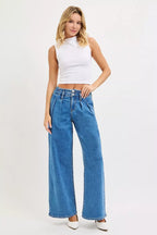 Mid Rise Pleated Wide Leg Jeans - MEDIUM