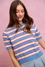 Striped Short Sleeve Knit Sweater -