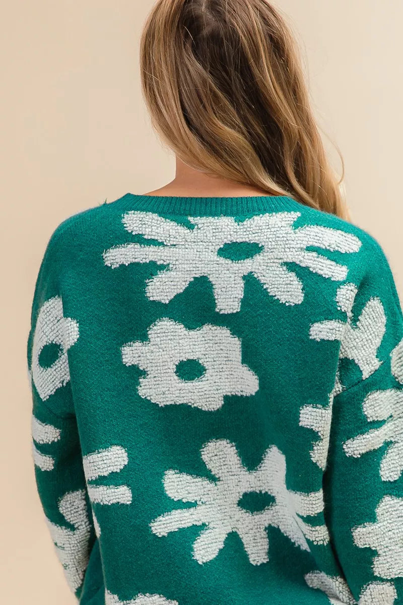 Flower Pattern Long Sleeve Sweater -