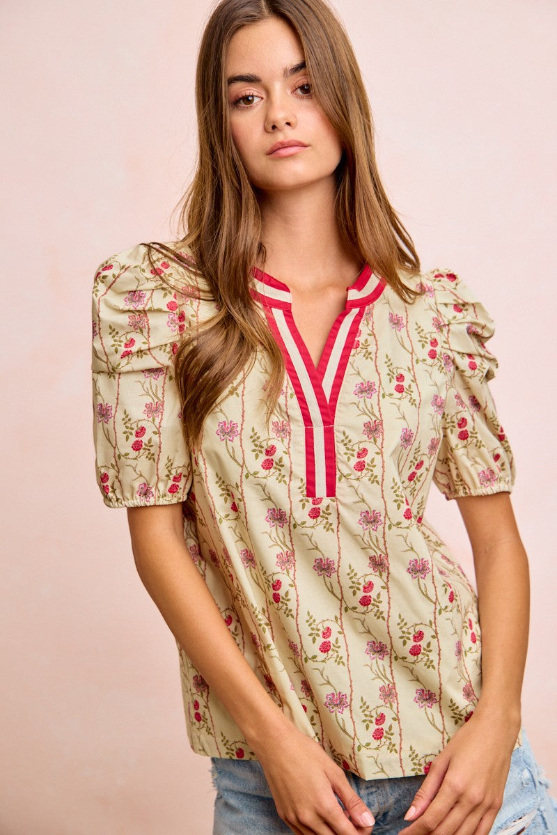 Floral Contrast Neck Puff Blouse - CREAM FLORAL