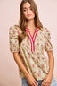 Floral Contrast Neck Puff Blouse - CREAM FLORAL