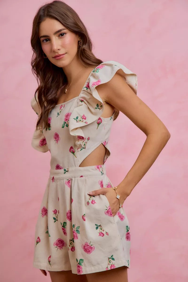 Floral Ruffle Cutout Denim Romper -