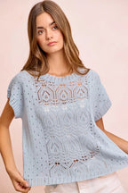 Pointelle Short Sleeve Knit Sweater -