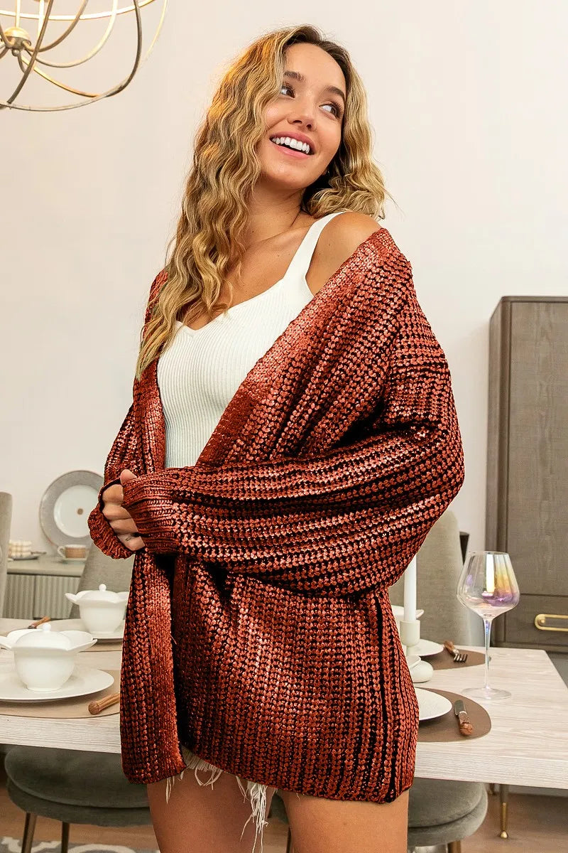 Metallic Knit Open Front Cardigan -