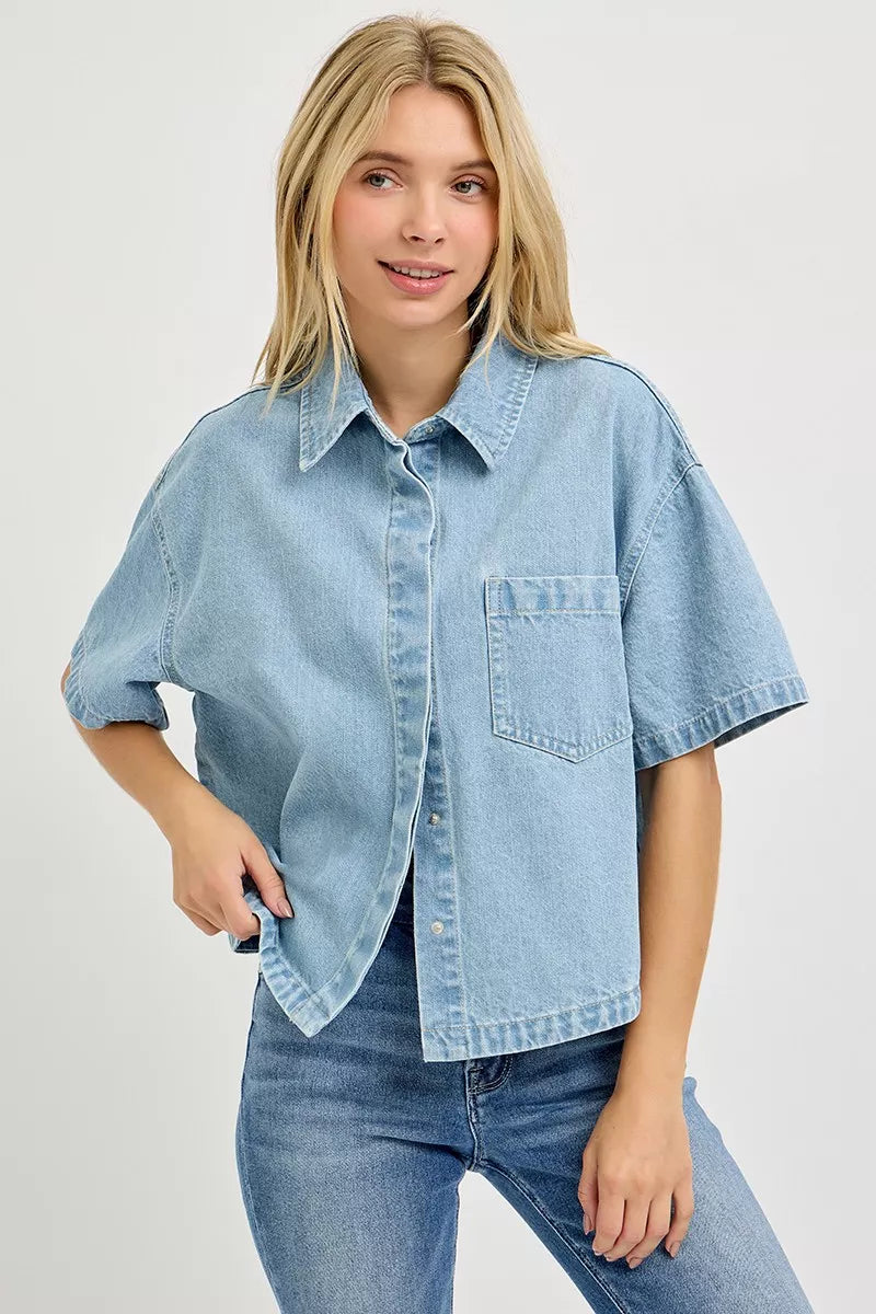 Oversized Cropped Denim Shirt - LIGHT