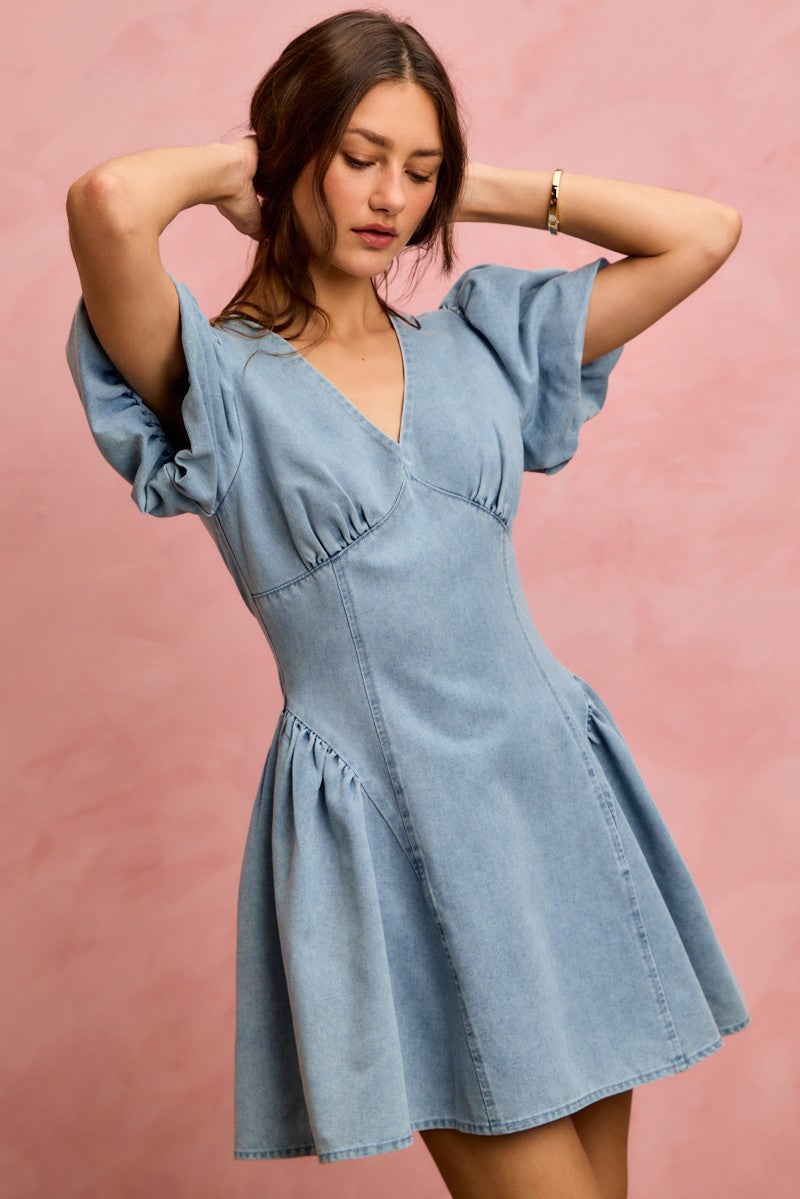 Denim Puff Sleeve Mini Dress -