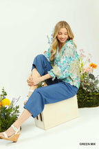 Watercolor Floral Flounce Sleeve Blouse -
