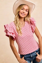 Heart Pattern Knit Ruffled Sleeve Shirt -