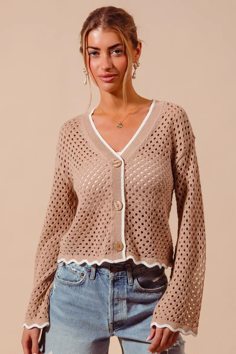 Scallop Trim Open Knit Cardigan -