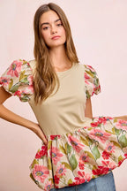 Floral Print Bubble Sleeve Peplum Top -