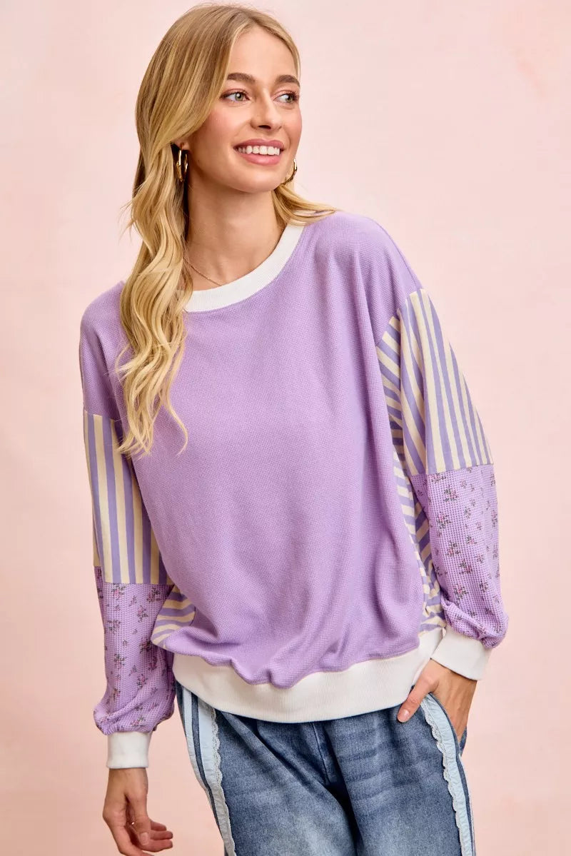 Floral Sleeve Striped Mix Match Sweatshirt -