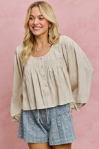 Linen Blend Smocked Sleeve Blouse -