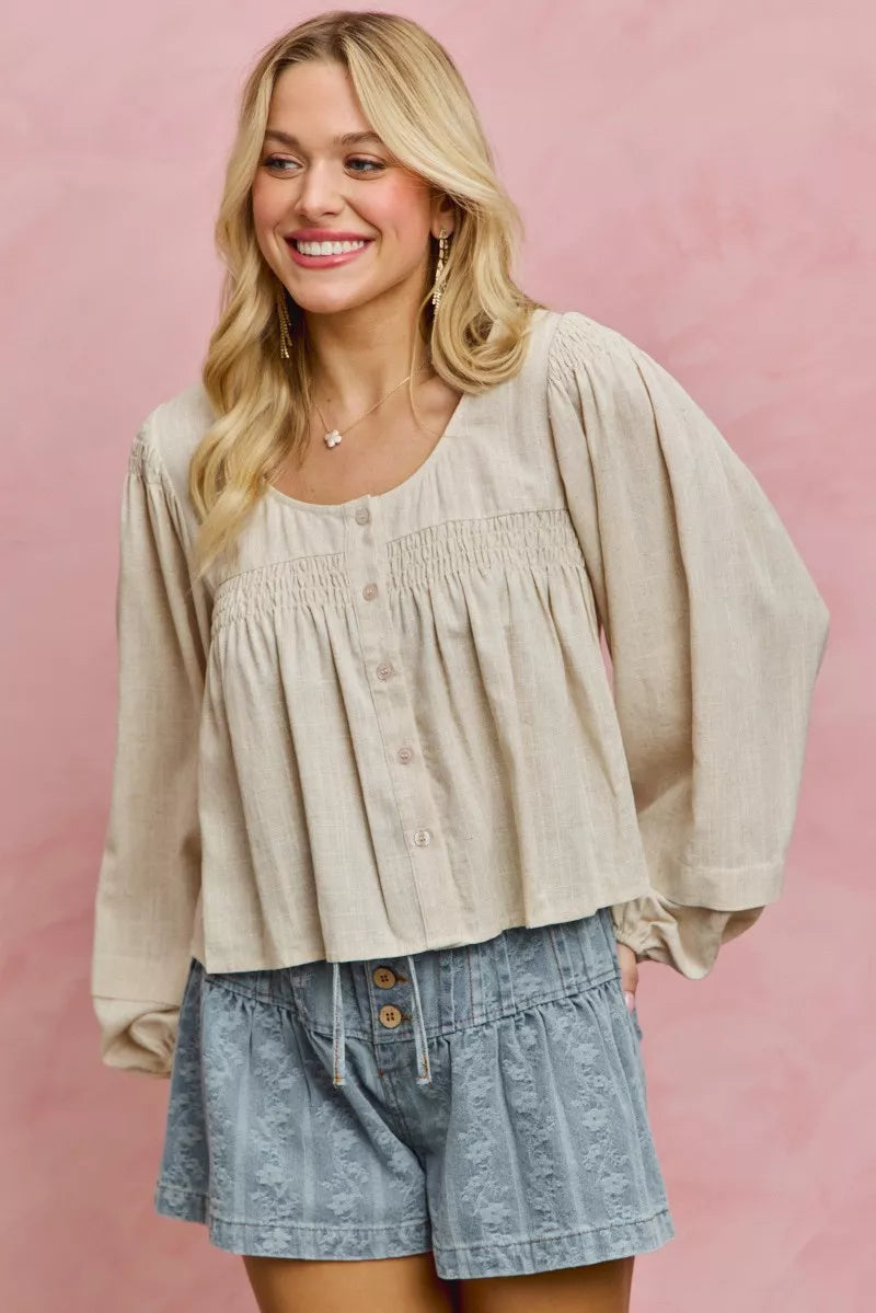 Linen Blend Smocked Sleeve Blouse -