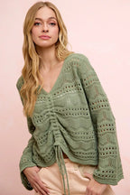 Pointelle Ruched V Neck Sweater -
