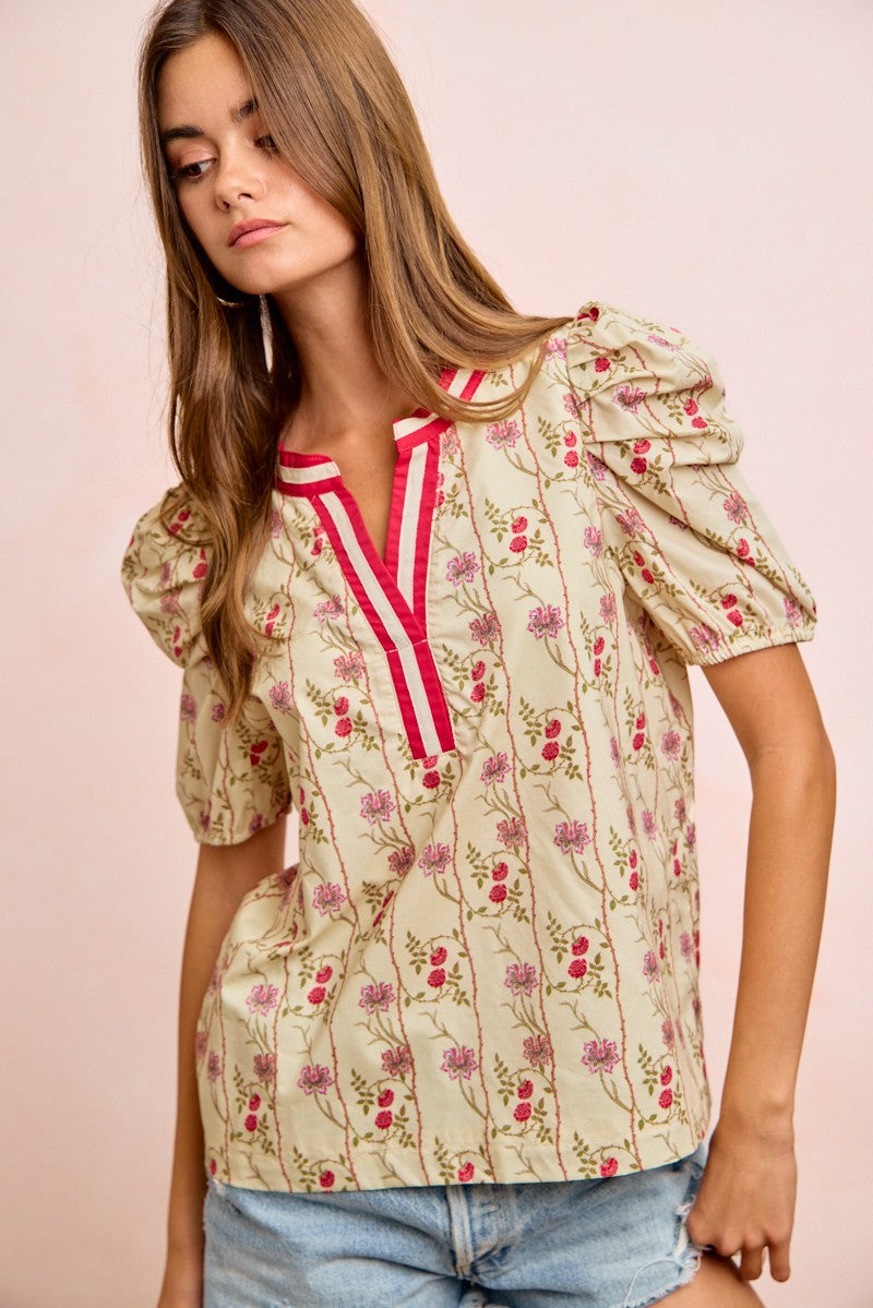 Floral Contrast Neck Puff Blouse -