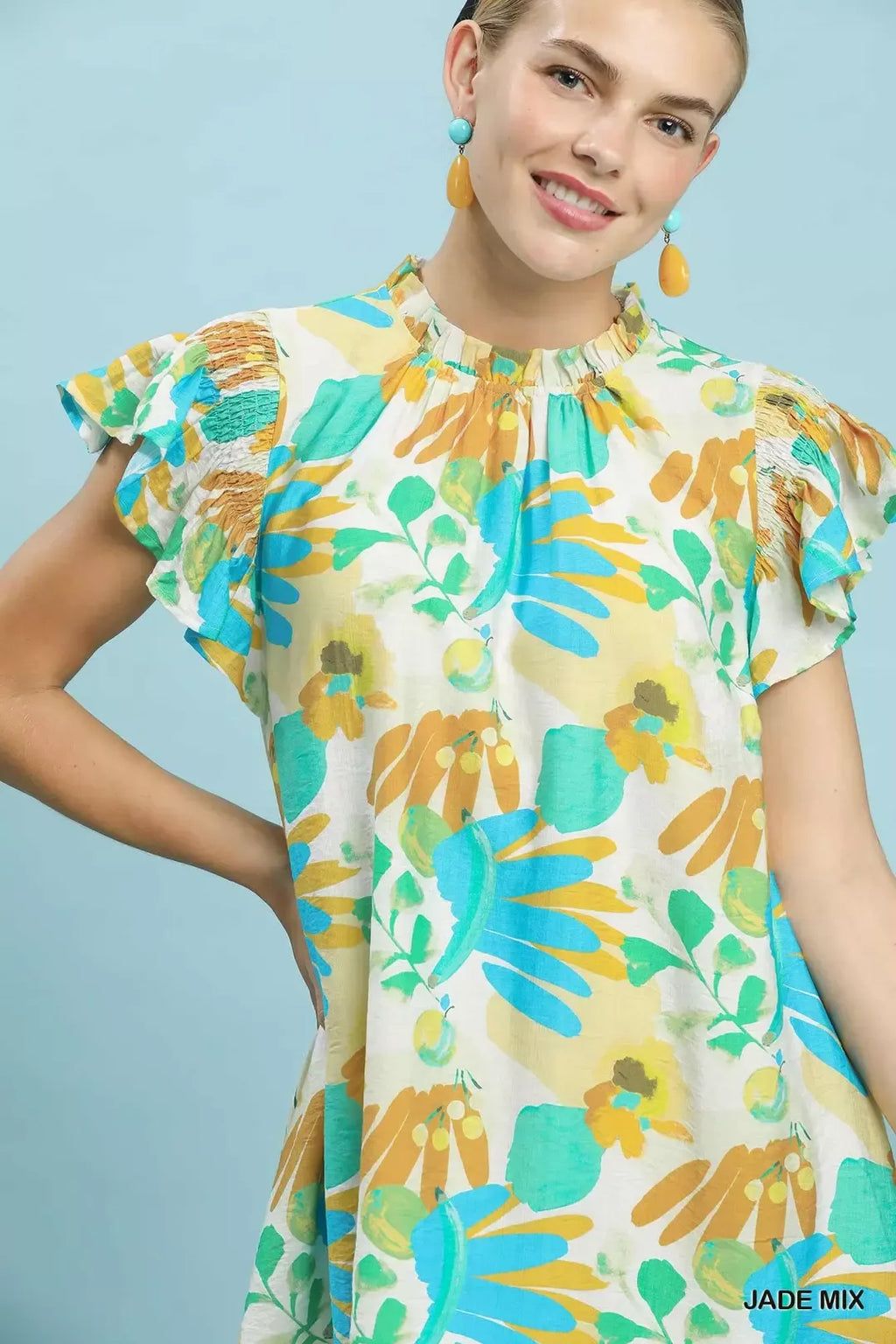 Botanical Ruffle Sleeve Mini Dress -