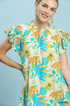 Botanical Ruffle Sleeve Mini Dress -