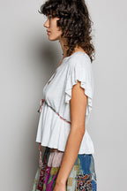 Lace Trim Tie Front Blouse -