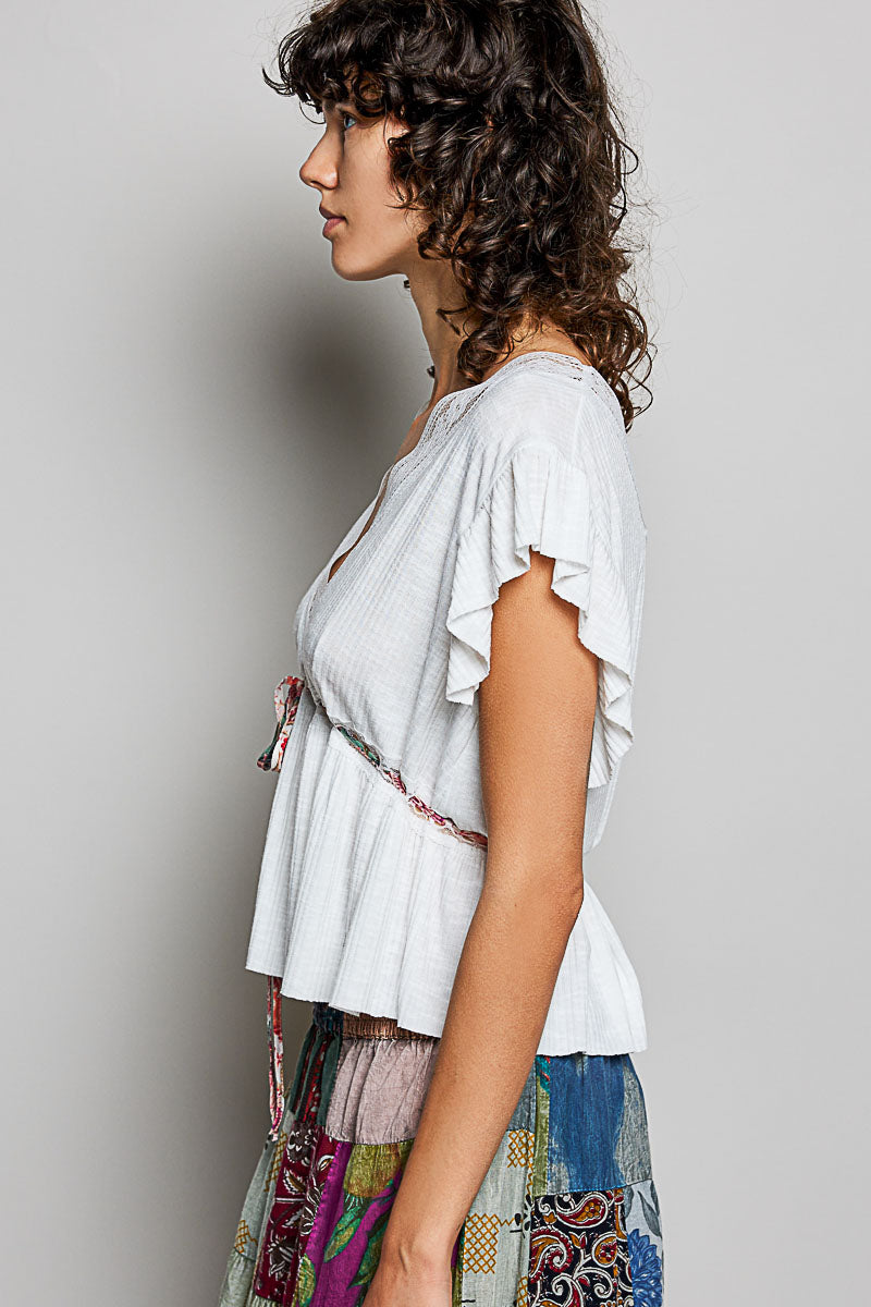Lace Trim Tie Front Blouse -