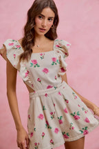 Floral Ruffle Cutout Denim Romper -