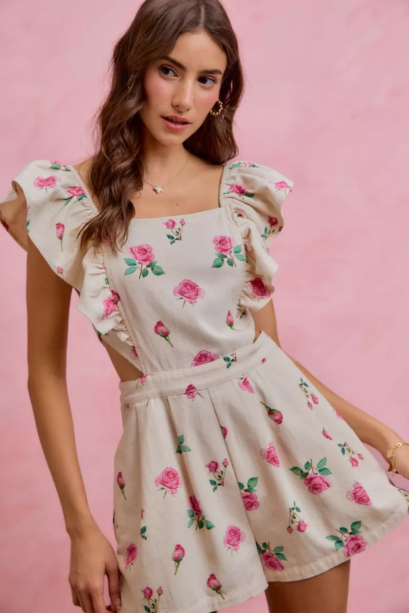 Floral Ruffle Cutout Denim Romper -