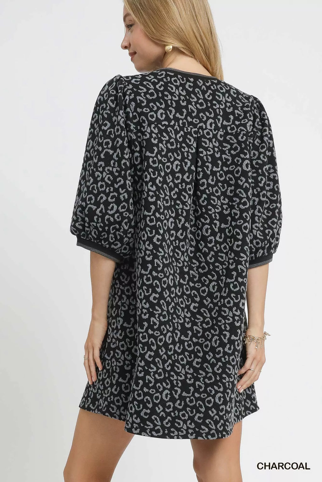 Leopard Jacquard Puff Sleeve Mini Dress -