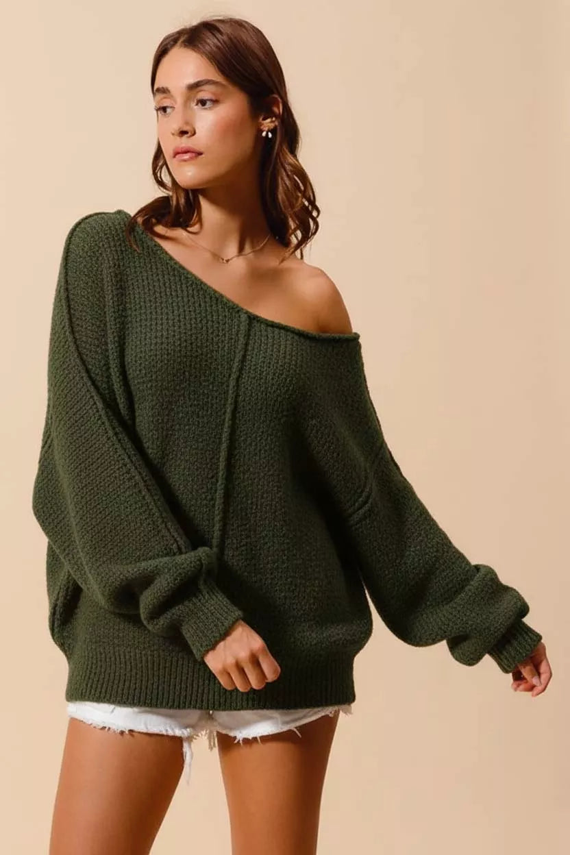 Olive Loose Slouchy Boucle Exposed Seam Sweater - OLIVE Main image