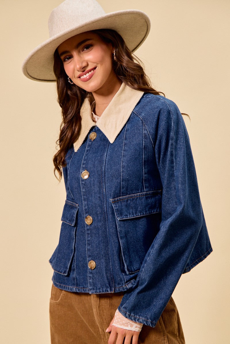 Contrast Collar Denim Jacket -