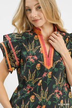 Floral Contrast Trim Flutter Blouse -