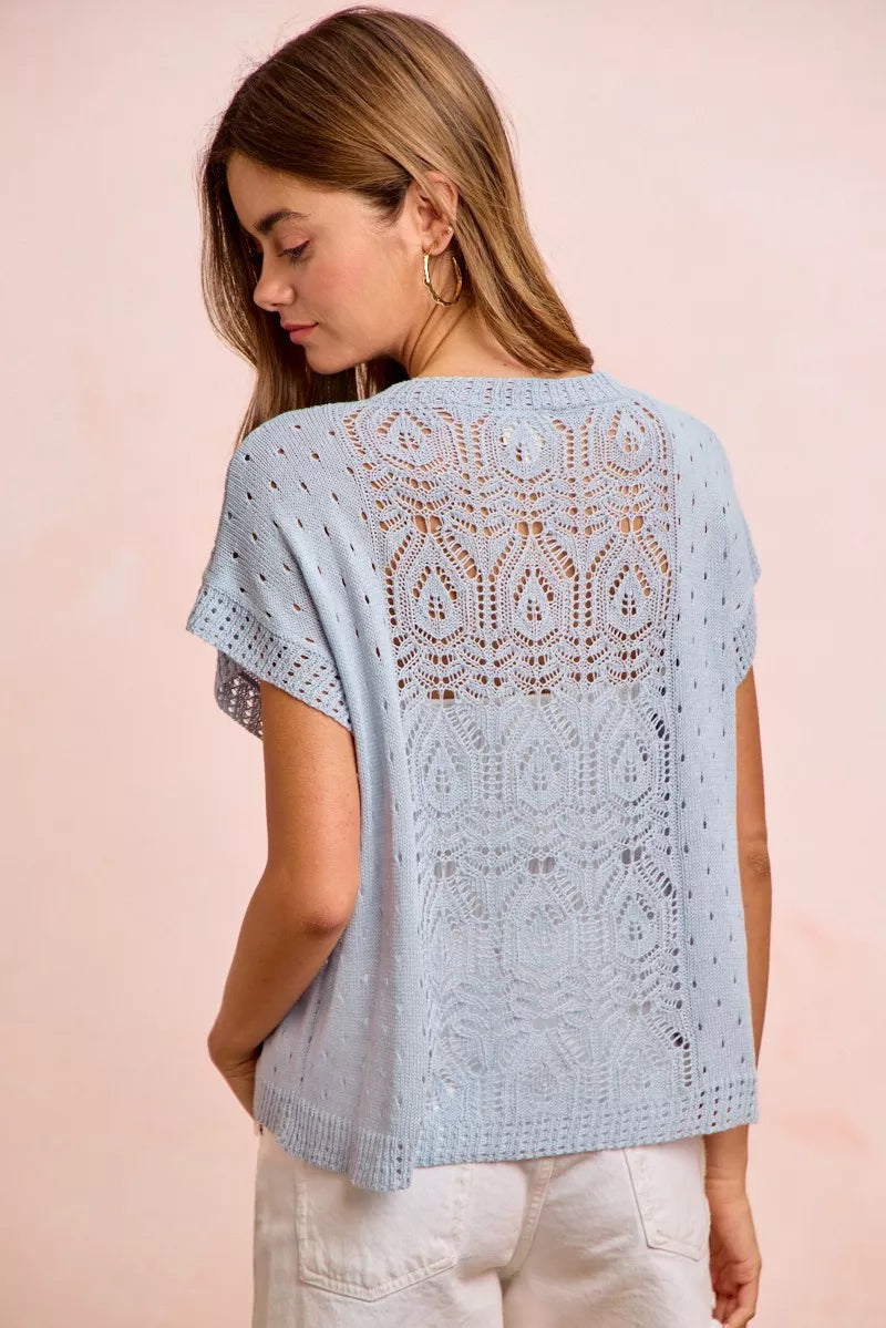 Pointelle Short Sleeve Knit Sweater -