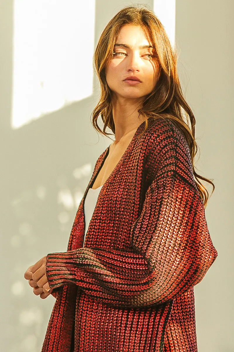 Metallic Knit Open Front Cardigan -