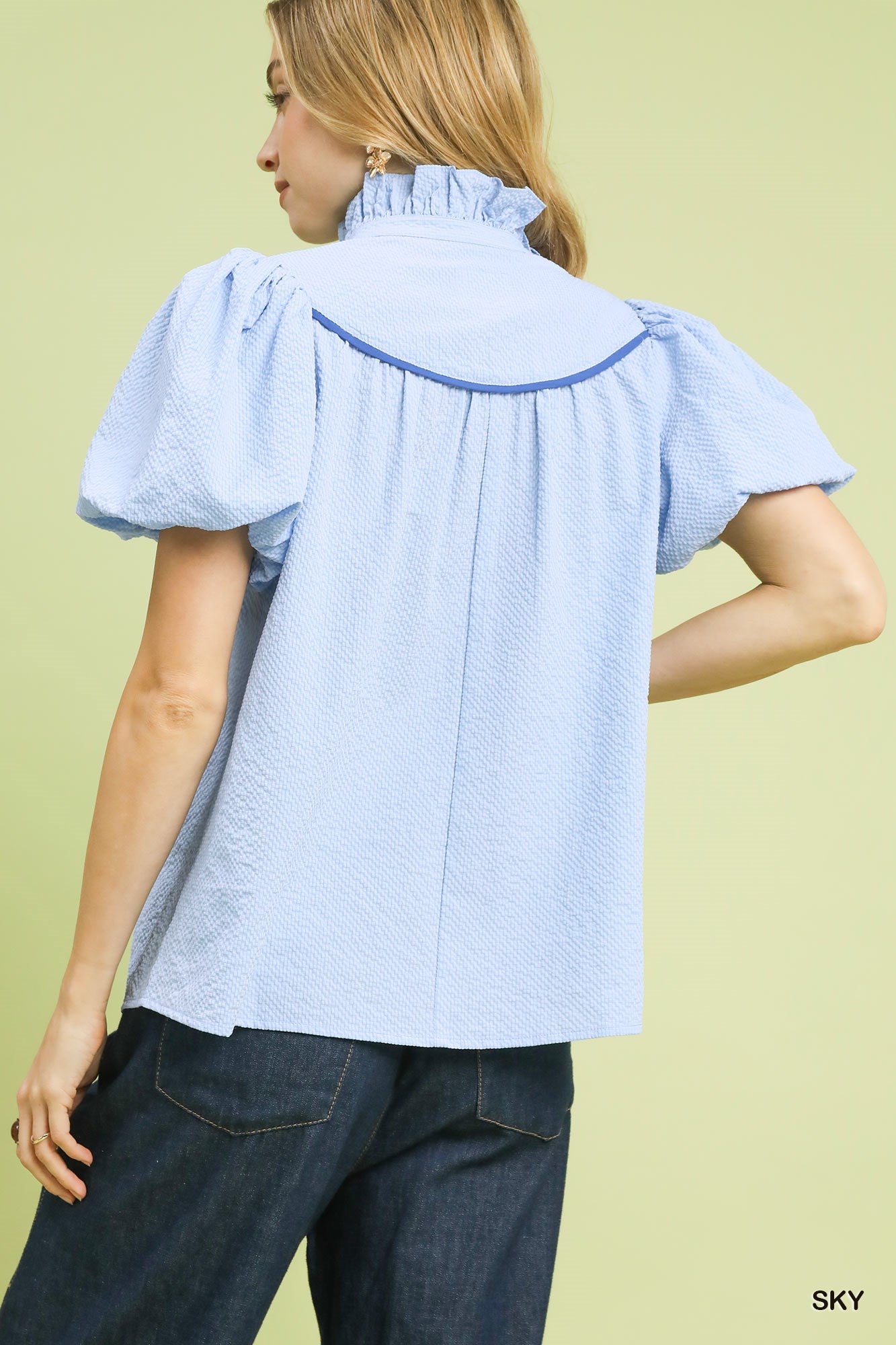 Textured Puff Sleeve Split Neck Blouse -