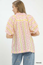 Boho Contrast Trim Split Neck Blouse -