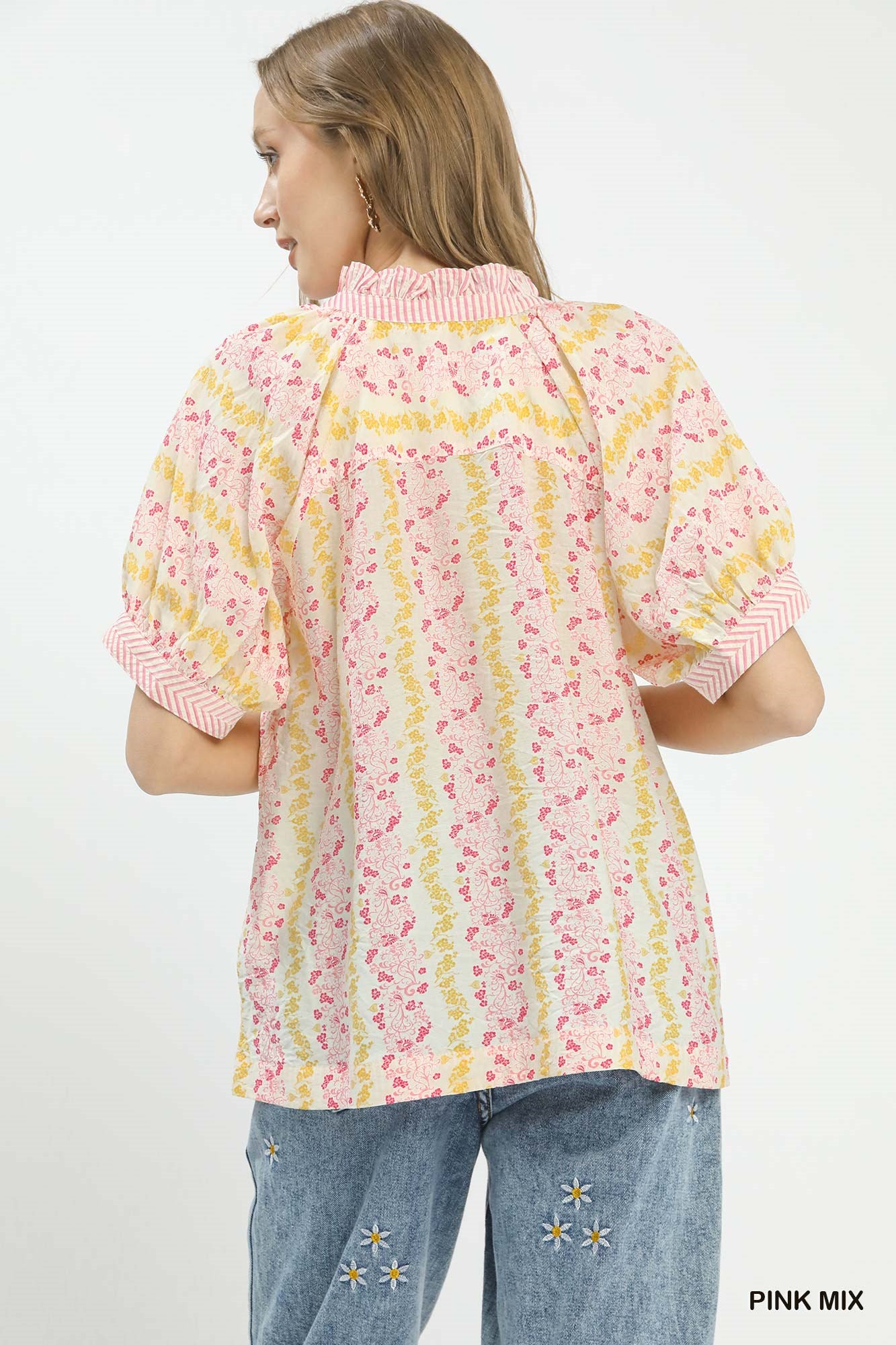 Boho Contrast Trim Split Neck Blouse -
