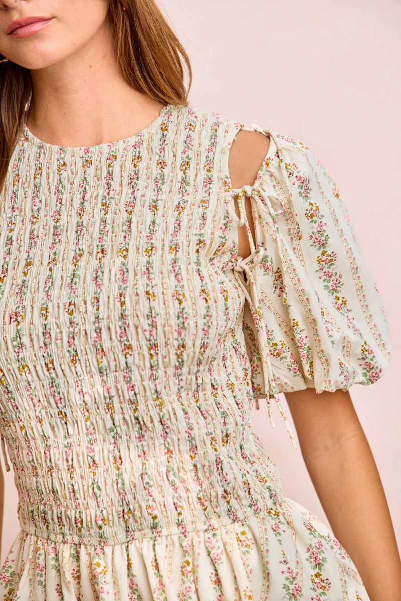 Floral Bow Tie Puff Sleeve Dress -