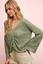 Pointelle Ruched V Neck Sweater -