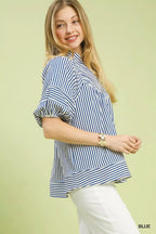 Striped Puff Sleeve Babydoll Blouse -