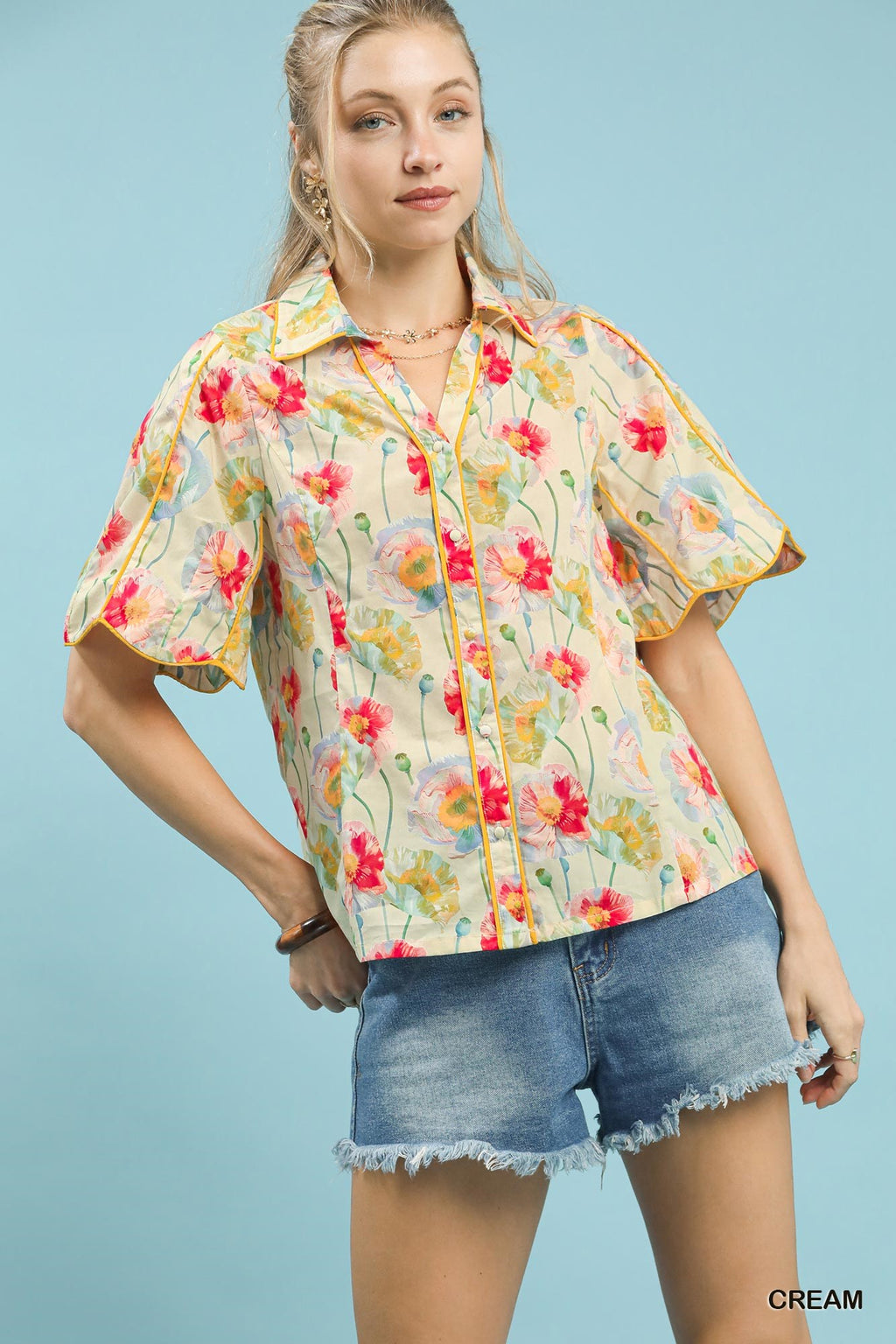 Floral Flutter Sleeve Button Down Blouse - CREAM