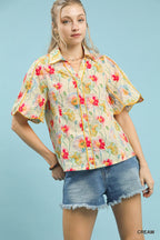 Floral Flutter Sleeve Button Down Blouse - CREAM