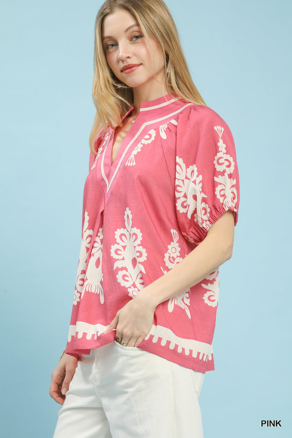 Boho Print Split Neck Blouse -
