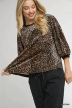 Leopard Print Puff Sleeve Blouse - Brown