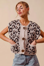 Leopard Metal Button Sweater Vest -
