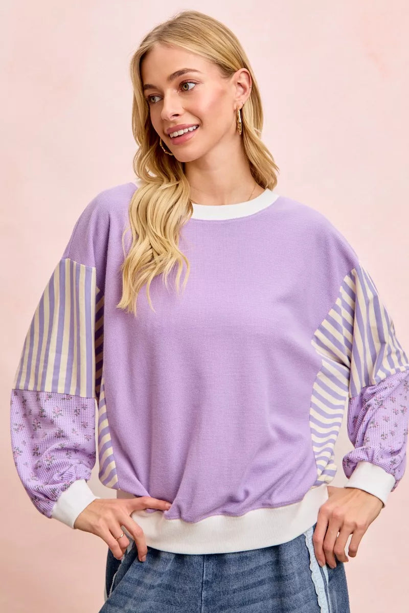 Floral Sleeve Striped Mix Match Sweatshirt -