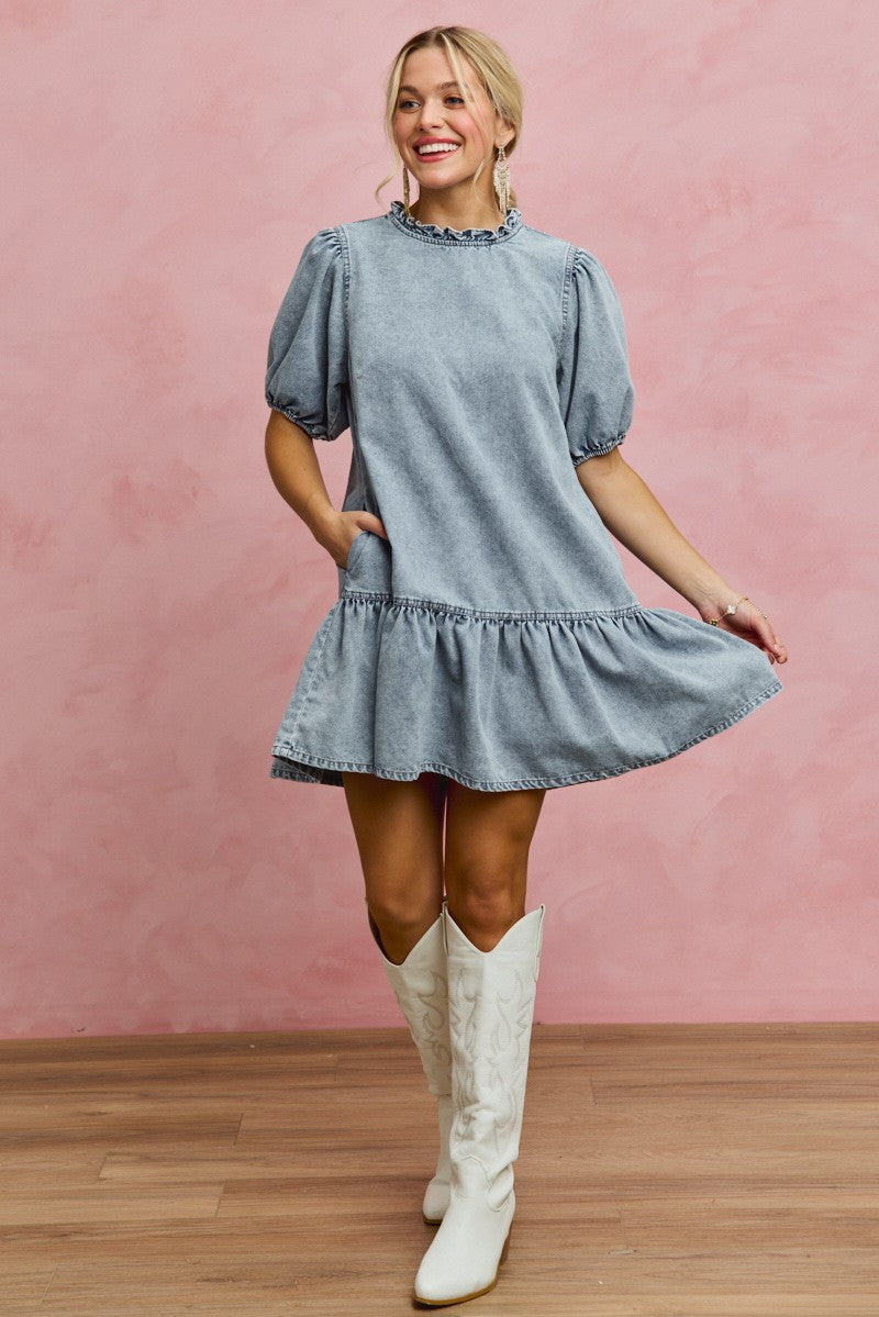 Tiered Denim Mini Dress - DENIM