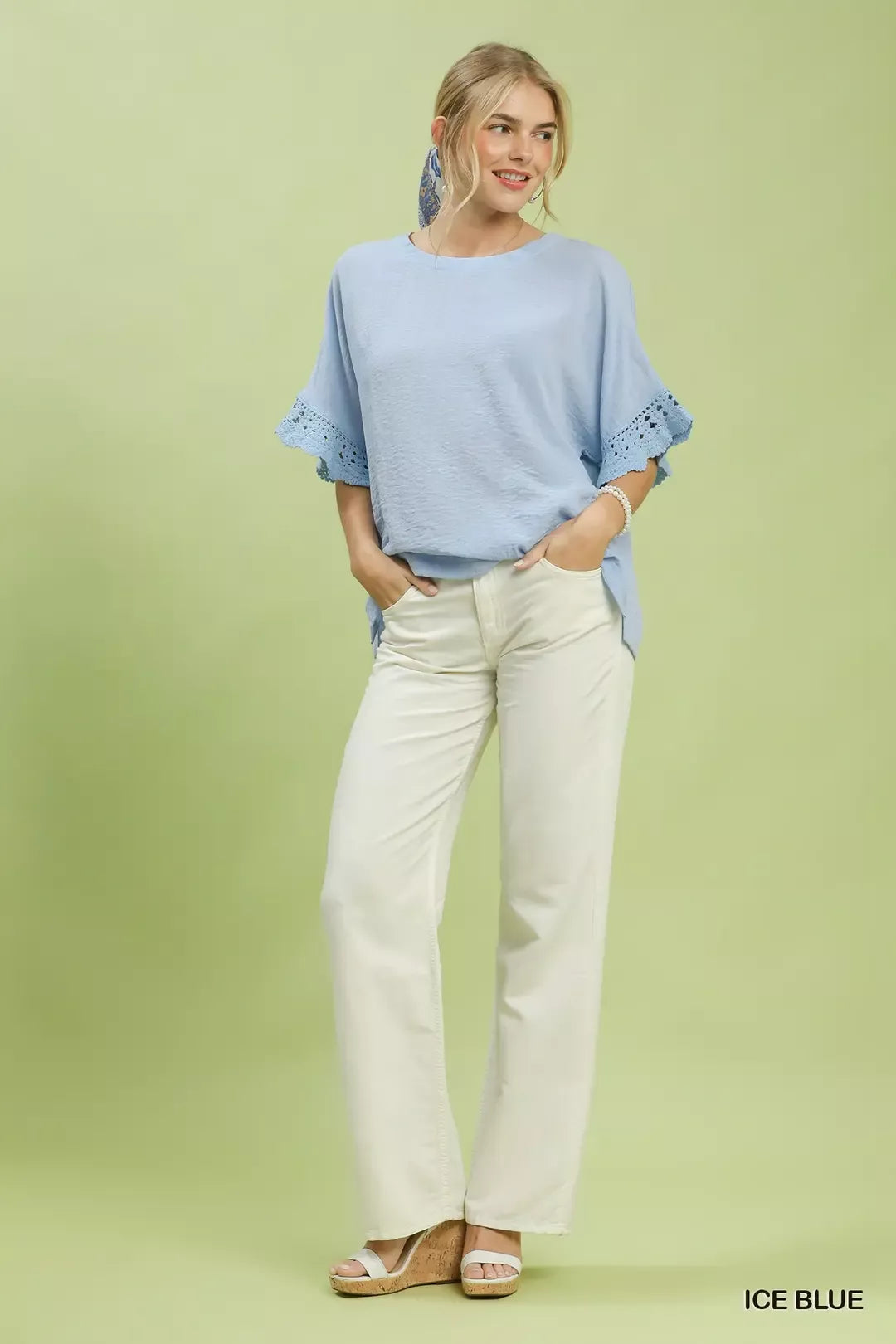 Crochet Trim Flutter Sleeve Top -