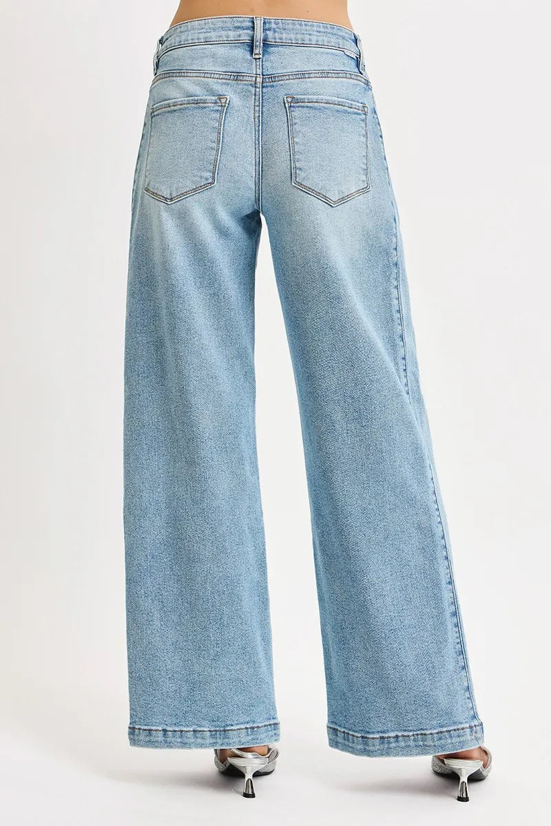 Mid Rise Snap Barrel Wide Jeans -