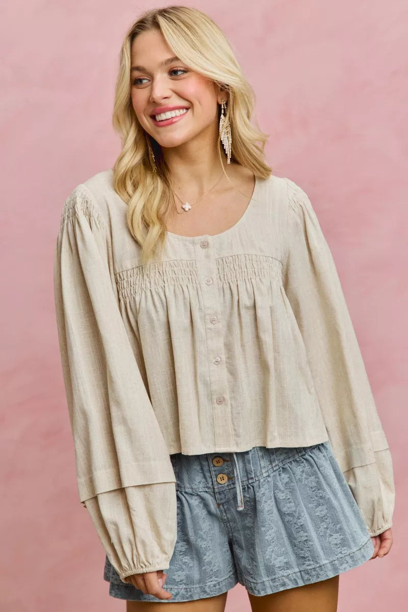 Linen Blend Smocked Sleeve Blouse -